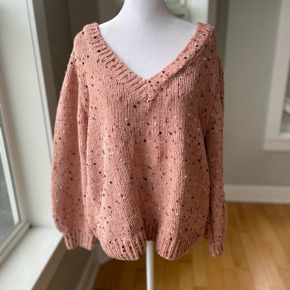 Like Love Peach Pink Multi V Neck Off Shoulder Balloon Sleeve Sweater Sz S NWT - Picture 1 of 7